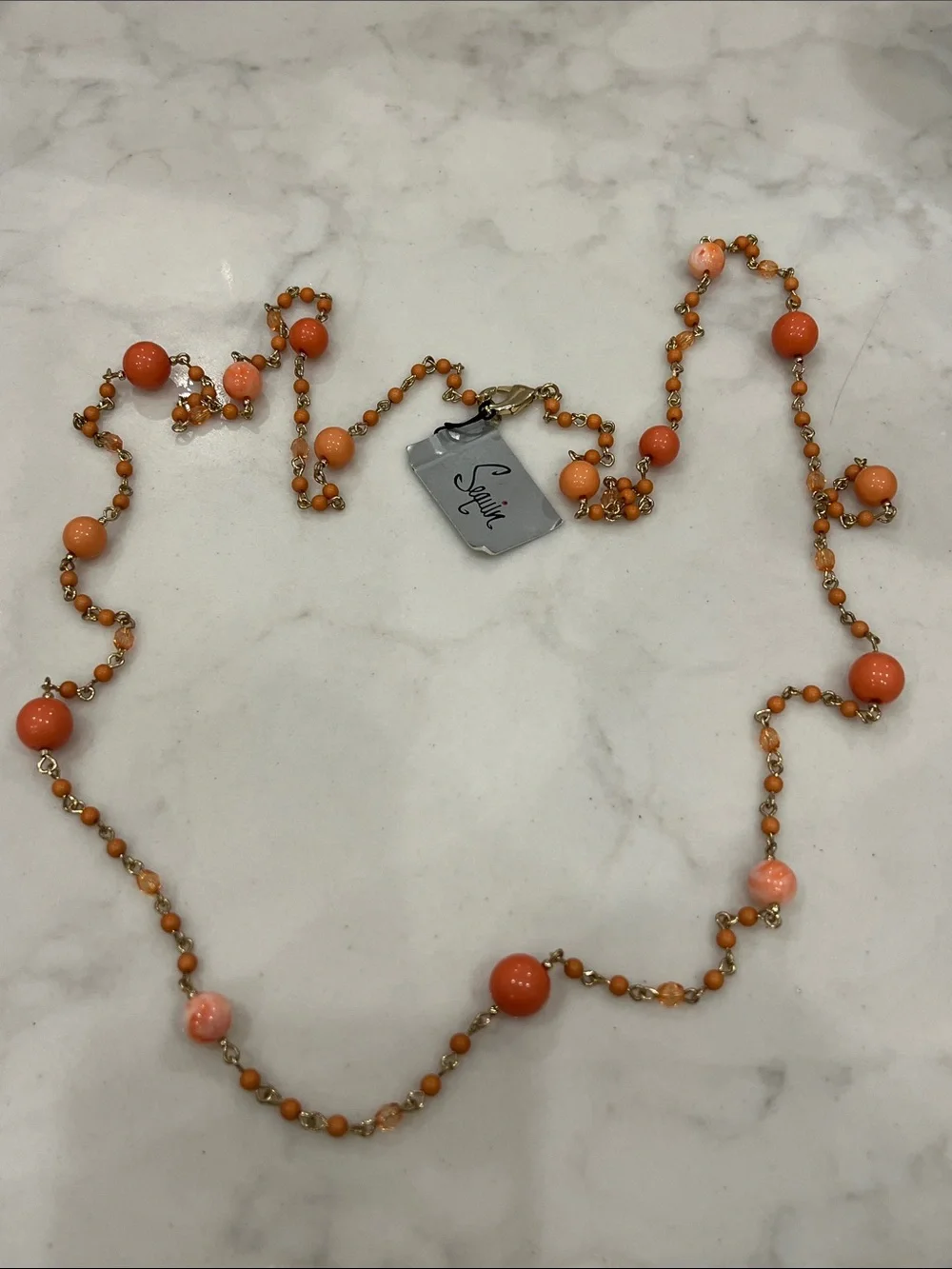 Sequin Hearts Coral-Orange Beaded Station Necklace